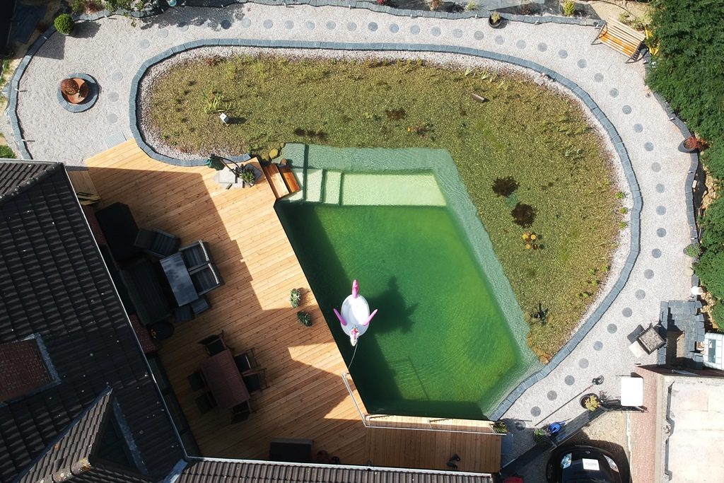 Bild zeigt den vollendeten Schwimmteich bei Mielke's Naturbadeteich, der von einem aufblasbaren Einhorn-Gast besucht wird. Der Weg um den Schwimmteich ist mit Trittsteinen gestaltet, die Terrasse ist fertig. Erste Pflanzen gedeihen, und es gibt einen Grillplatz sowie eine Design-Feuerschale am Teichrand.