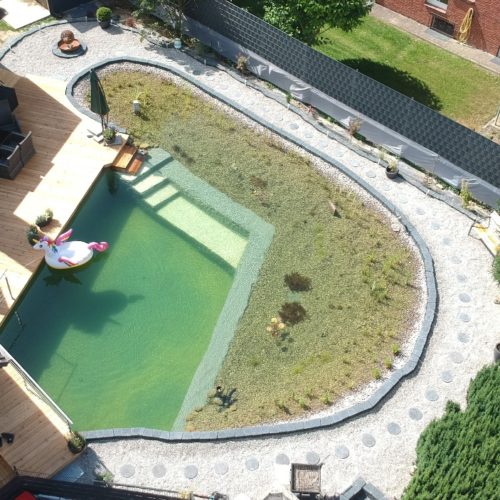 Fertiger Schwimmteich mit Terrasse von oben