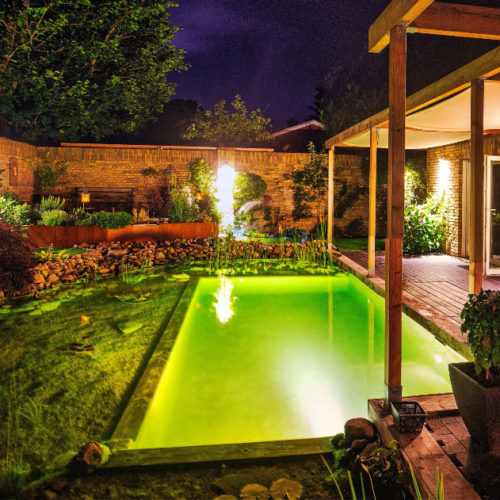 DIY Schwimmteich bei Nacht mit Beleuchtung, gewachsene Pflanzen, klares Wasser, und eine Pergola über der Terrasse.