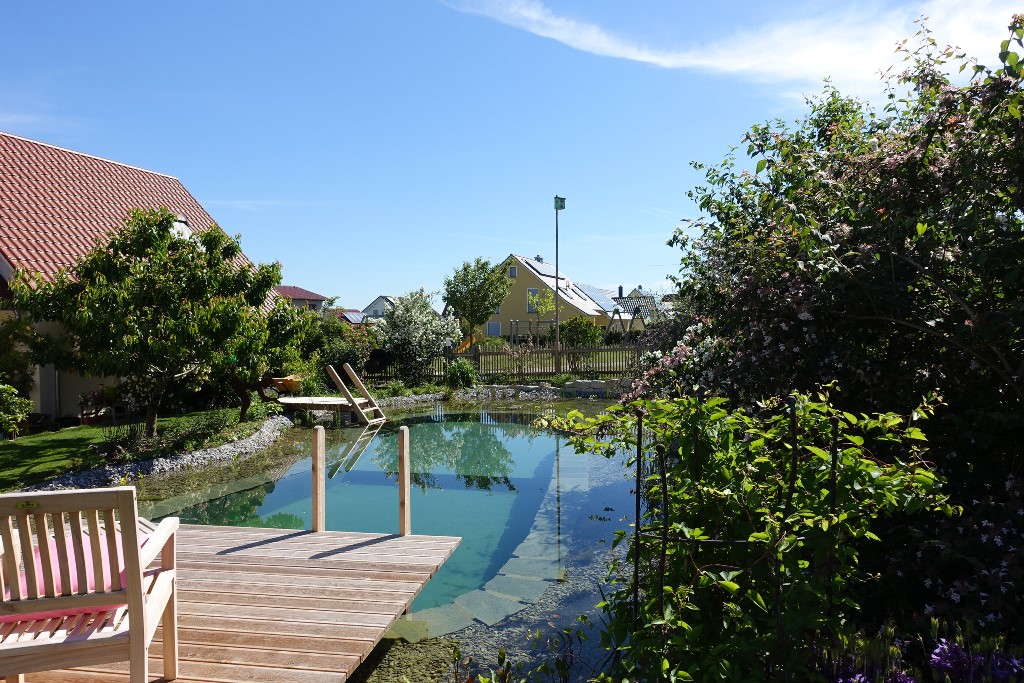 Entdecken Sie einen selbstgebauten Schwimmteich in Bayern. Professionelle Folienverlegung und naturnahe Technik für klare Wasserqualität.