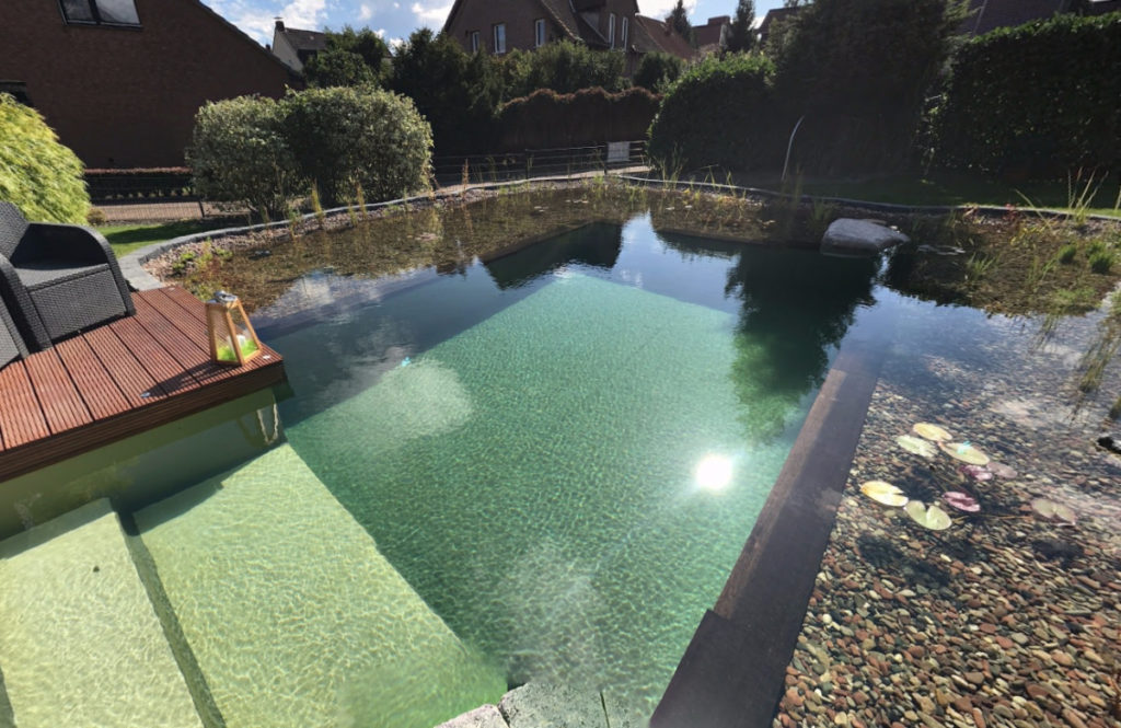 Der fertige Schwimmteich lädt zum Badespaß ein. Schwimmteich mit viel Eigenitiative selbst gebaut