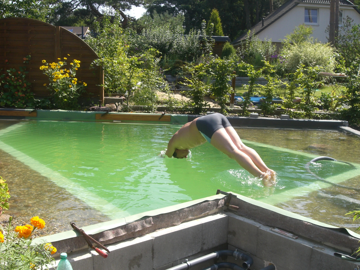 Badespaß im fertigen Schwimmteich