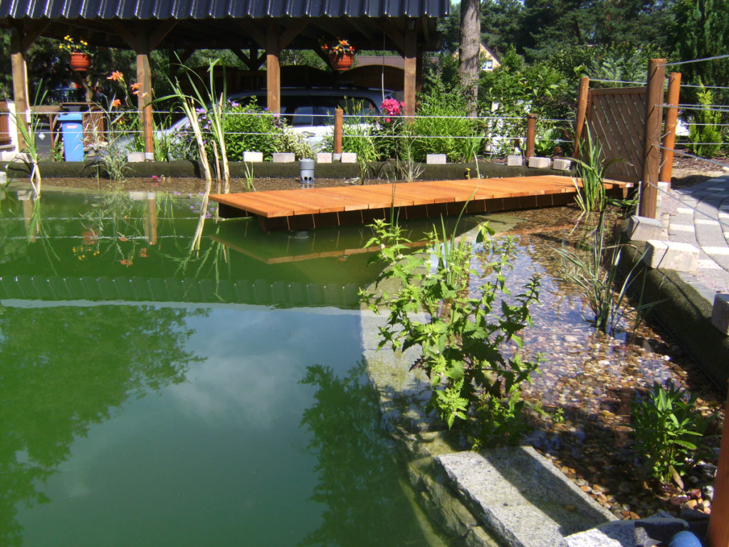 Fertiger Schwimmteich mit Steg