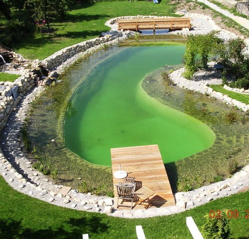 Ein beeindruckender Blick auf den Schwimmteich aus der Vogelperspektive. Schwimmteich Selbstbau bei Nürnberg in Bayern