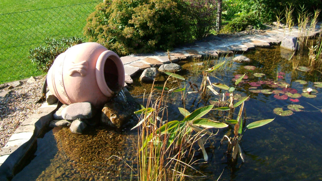 Großer Tontopf oder Krug als Wasser einlass in den Naturteich. Zu sehen sind auch sehr viele Wasserpflanzen und Seerosen