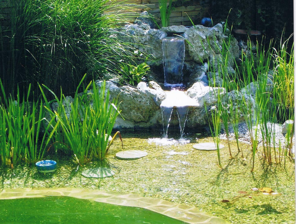 Zweistufiger Wasserfall in den Pflanzenbereich eines Schwimmteichs
