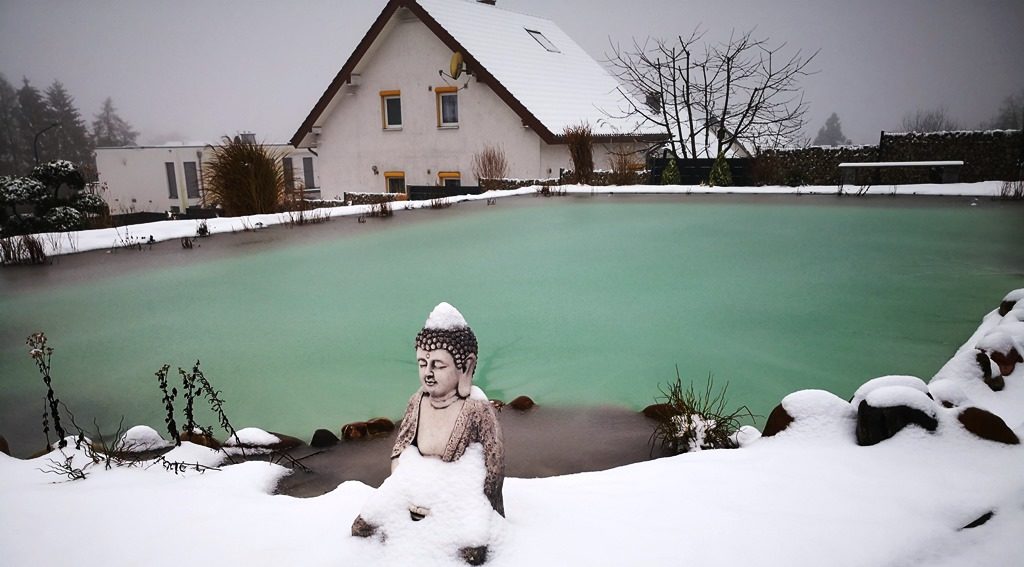 Ein Blick auf den Schwimmteich im Winter mit Schnee, eine zauberhafte Winterlandschaft.