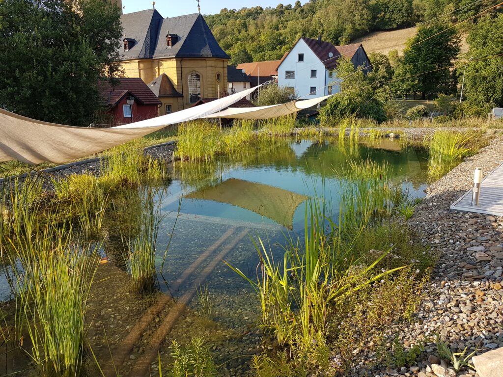 Der Wall zwischen Regenerationsbereich und Schwimmbereich wurde hier mit Holzbohlen beplankt