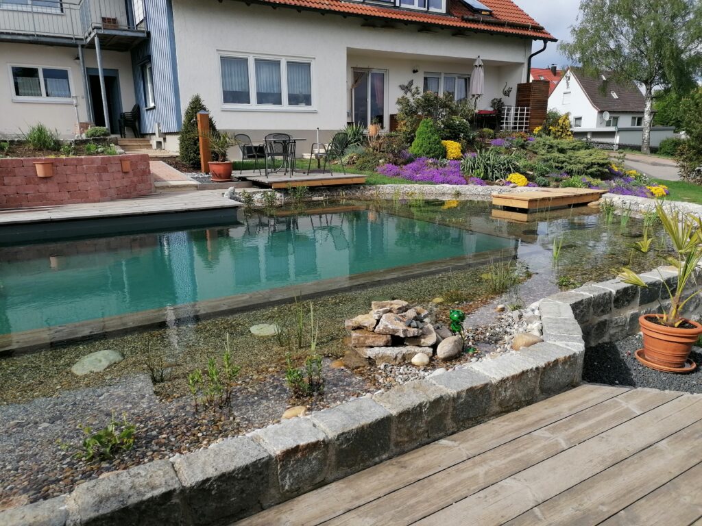 Blick vom Schwimmteich zum Wohnhaus – Genießen Sie die Aussicht auf Ihr Zuhause.
