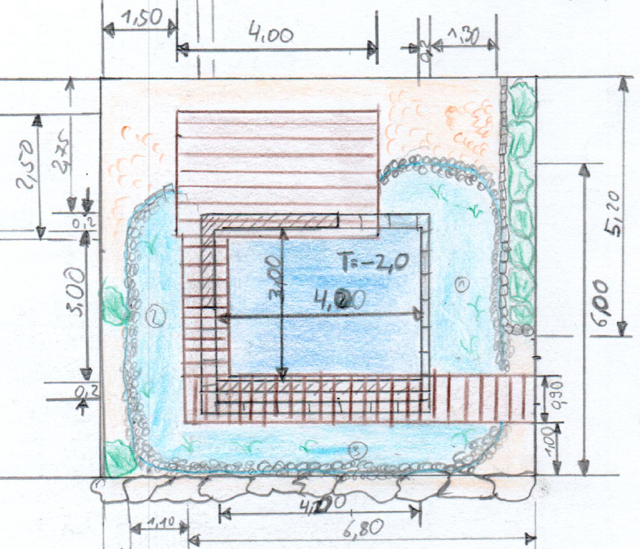 Zeichnung eines Schwimmteichs mit Terrasse