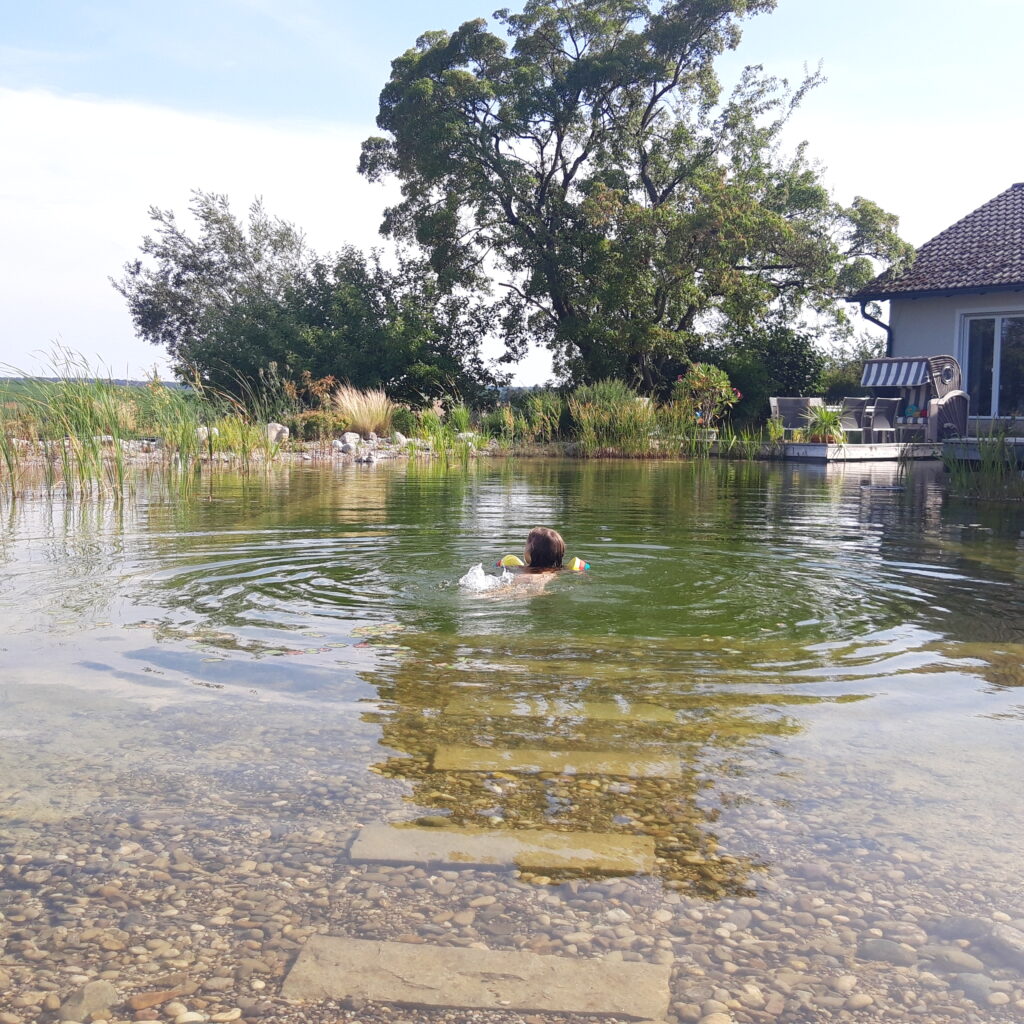 Ein glückliches Kind mit Schwimmflügeln genießt das natürliche Badevergnügen im Schwimmteich in Feldrandlage bei Regensburg