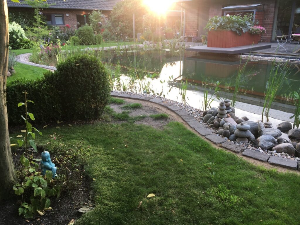 Idyllischer Schwimmteich im Garten mit reich blühenden Wasserpflanzen