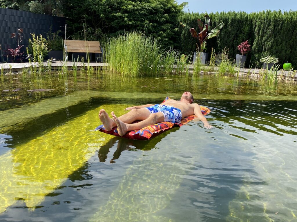 Klares Wasser im Schwimmteich mit gewachsener Wasserpflanzenwelt. Auf der Luftmatratze im Schwimmteich kann man gut entspannen