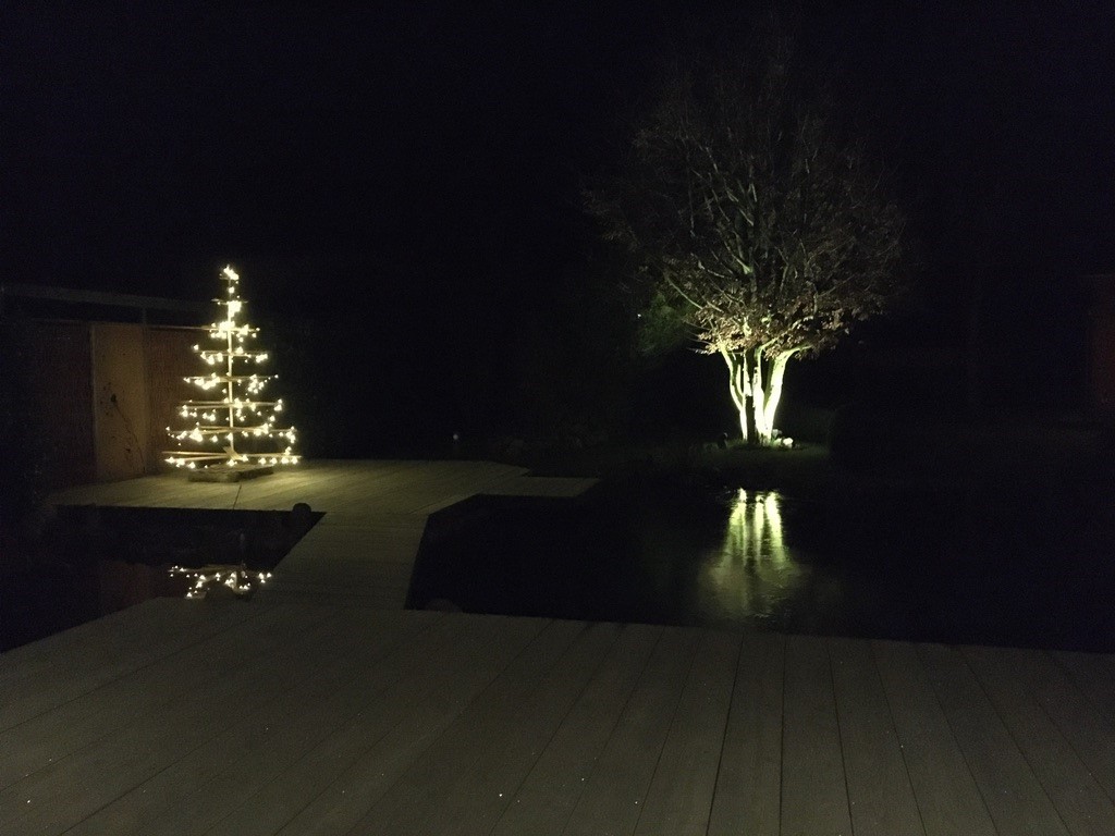 Romantische Schwimmteichterrasse im Winter: Beleuchteter Weihnachtsbaum am gefrorenen Schwimmteich.