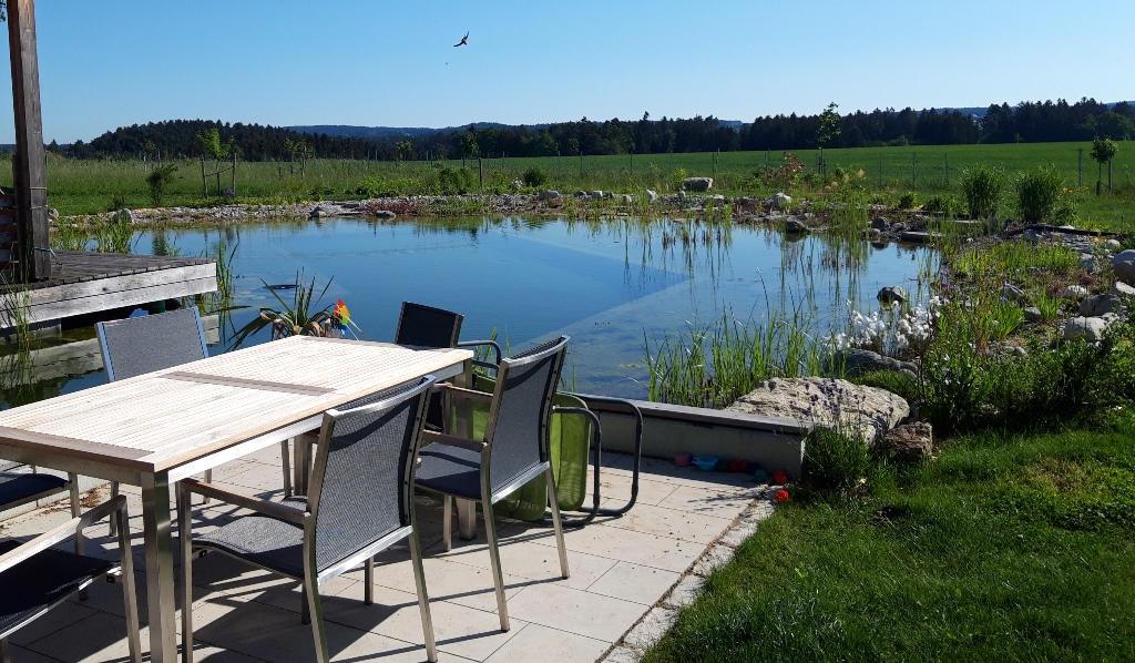 Schwimmteich am Feldrand mit großer Terrasse, Tischen und Stühlen – der perfekte Ort zum Treffen und Entspannen.