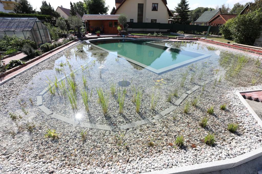 Fertig angelegter Schwimmteich mit bepflanzter Regenerationszone